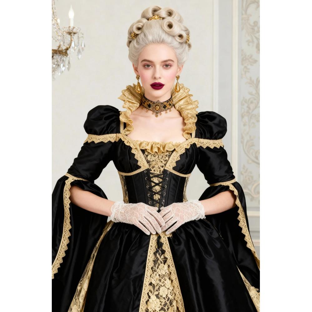 Attitude Corsets - Jelisa Elven Inspired Rococo Langes Korsett Kleid - Schwarz/Goldfarben
